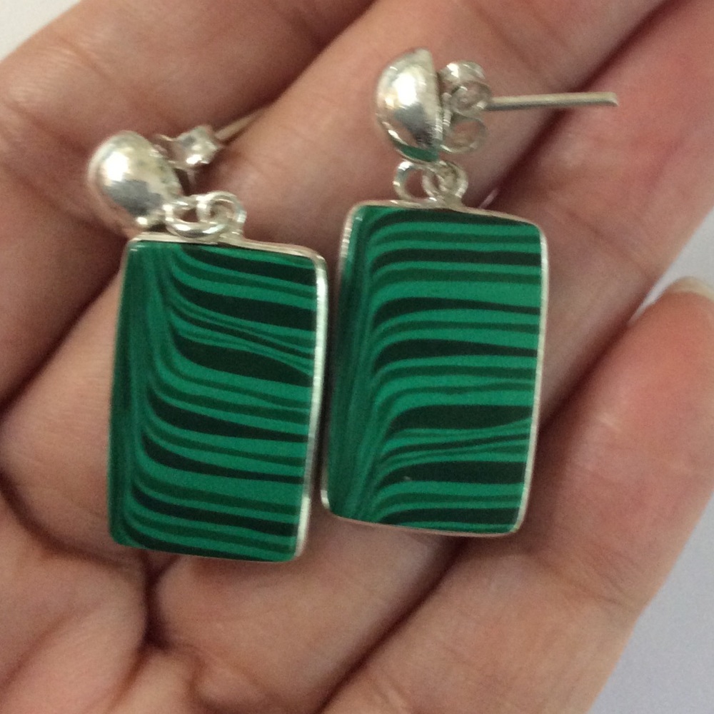 Solid Sterling Silver Malachite Earrings 925 - image 4